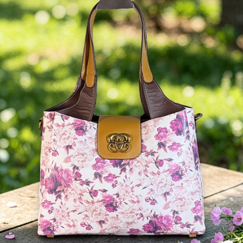 Sharif Legacy Vintage Signature Leather Floral Satchel Everyday Tote Bag